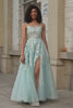 Glitter Mint A-Line Tulle Long Prom Dress with Lace