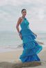 Blue Tiered Chiffon Bridesmaid Dress with Flower