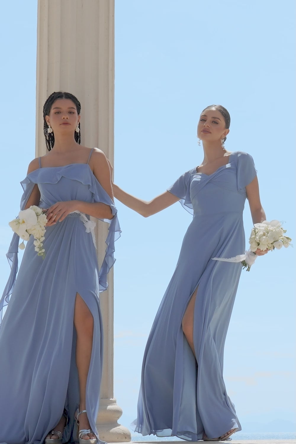 Grey Blue A Line Chiffon Long Bridesmaid Dress with Slit