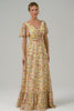 Yellow Flower Printed Chiffon A-Line V-neck Short Sleeves Long Prom Dress