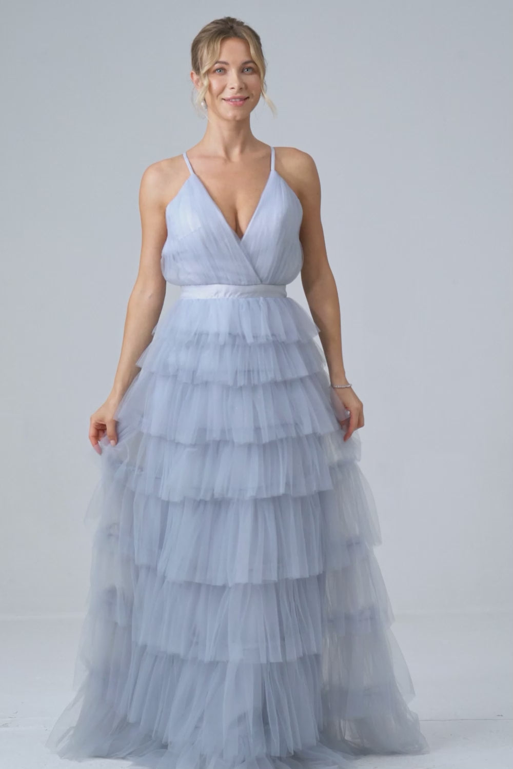 Grey Blue A Line Tiered Tulle Prom Dress