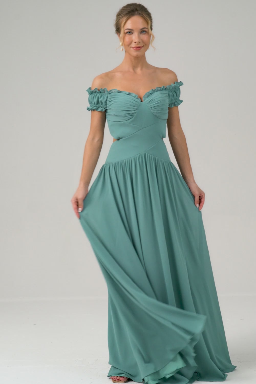 Eucalyptus Off The Shoulder Long Bridesmaid Dress