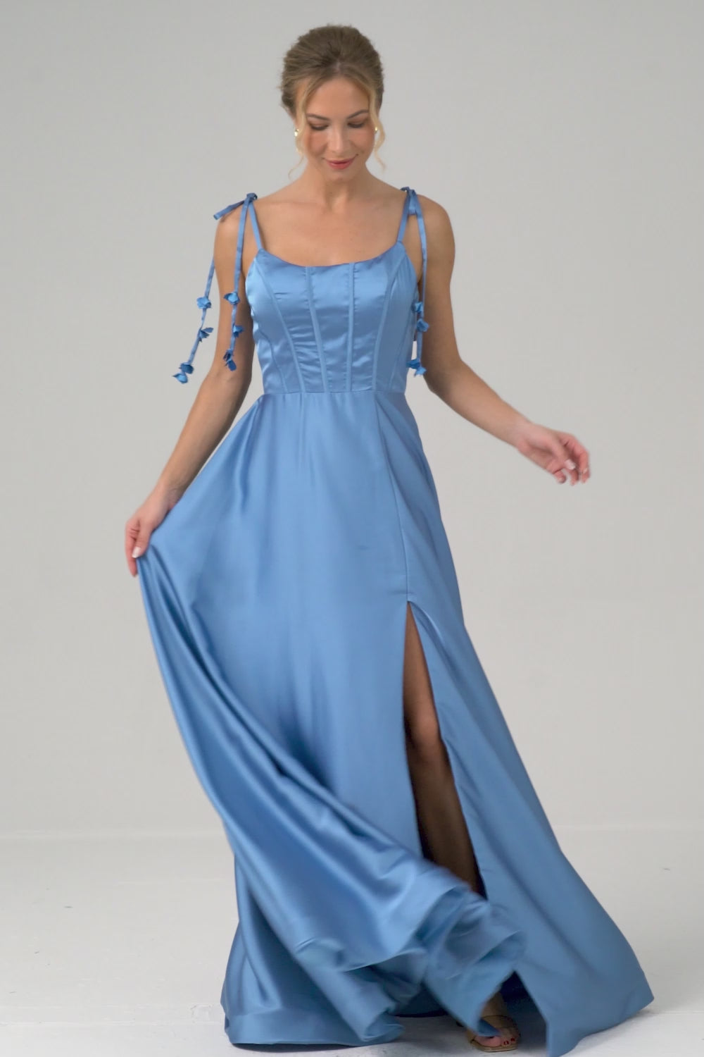 Eucalyptus A Line Spaghetti Straps Satin Floor Length Dress with Slit