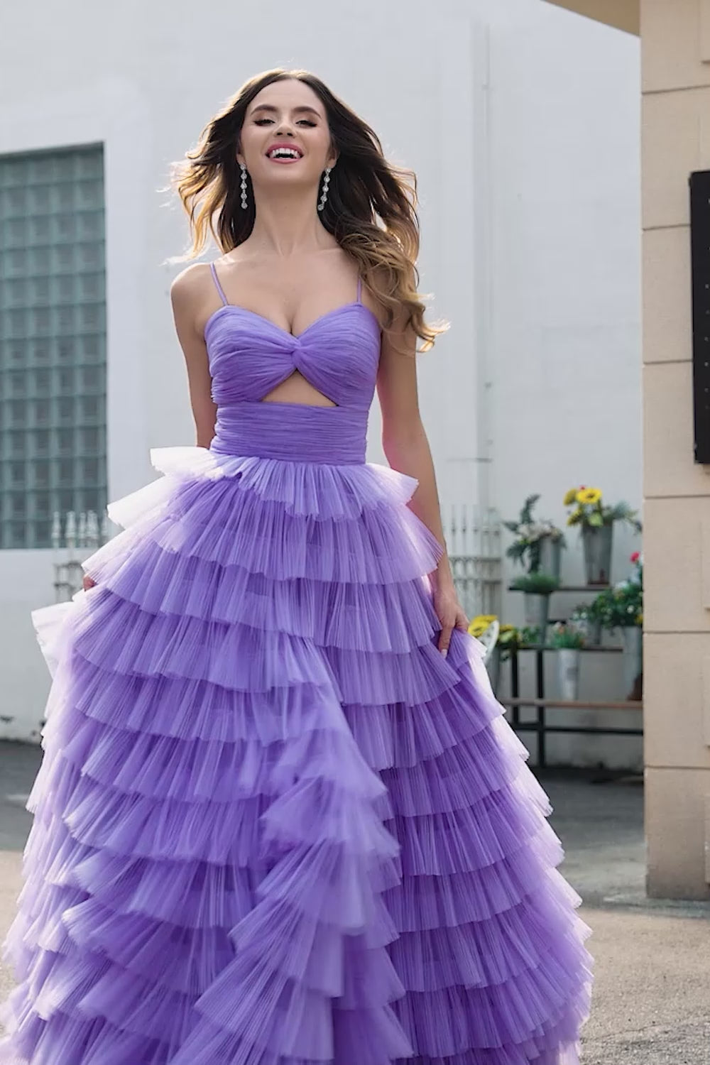 Purple Tulle A-Line Tiered Long Prom Dress with Slit