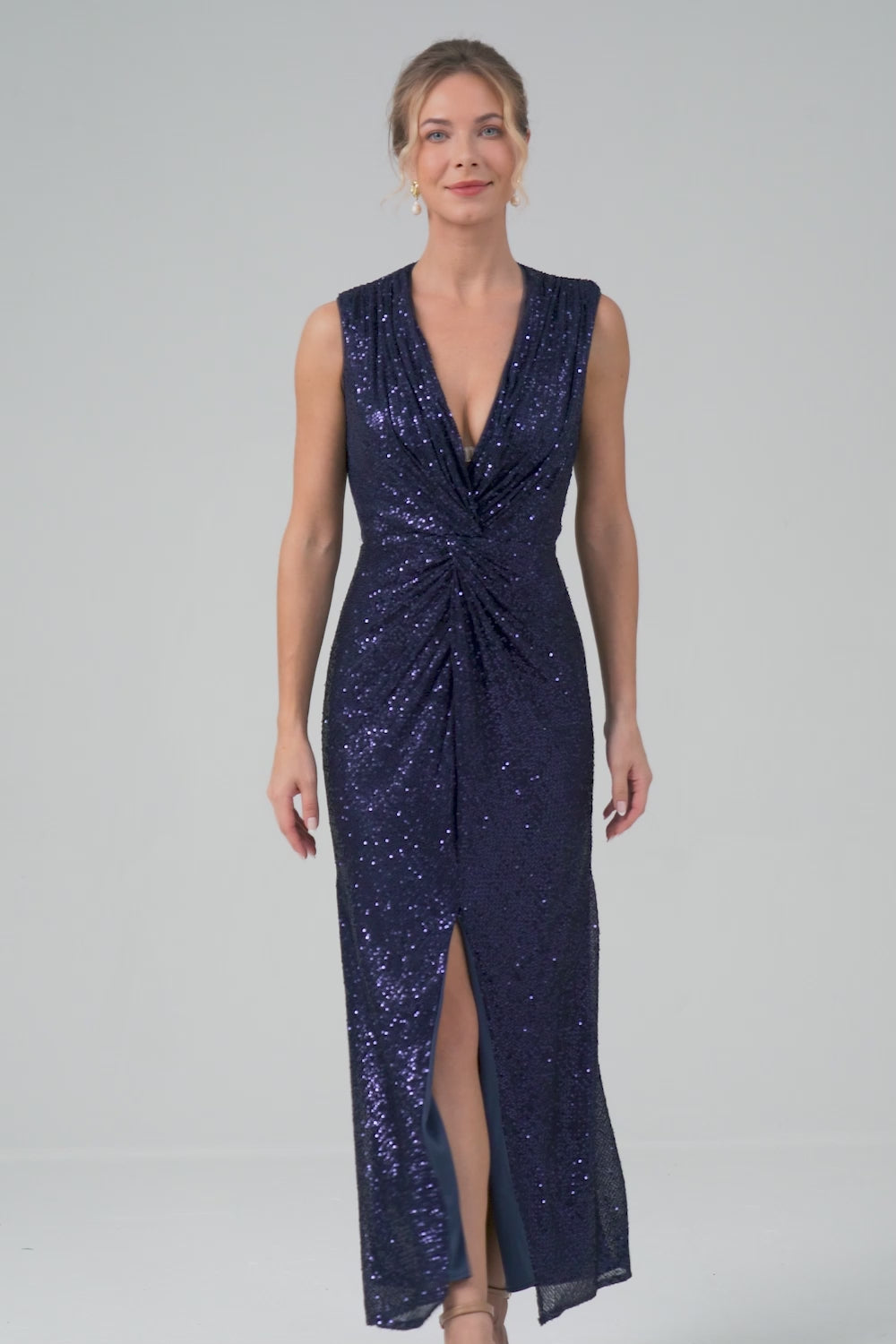 Sparkly Navy V-Neck Mother Of The Bride Dress with Slit