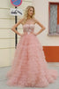 A-Line Strapless Beaded Blush Tiered Long Prom Dress