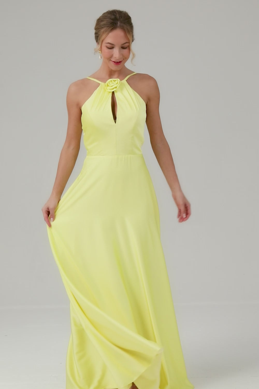 Yellow A Line Halter Cut Out Long Bridesmaid Dress with Flower