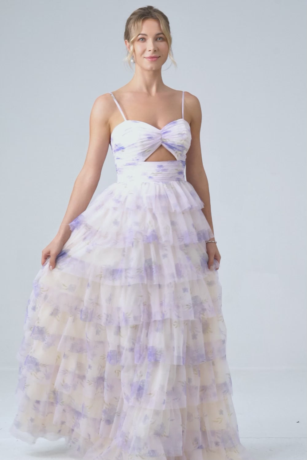 Lavender Flower Tiered Princess Prom Dress with Pleated