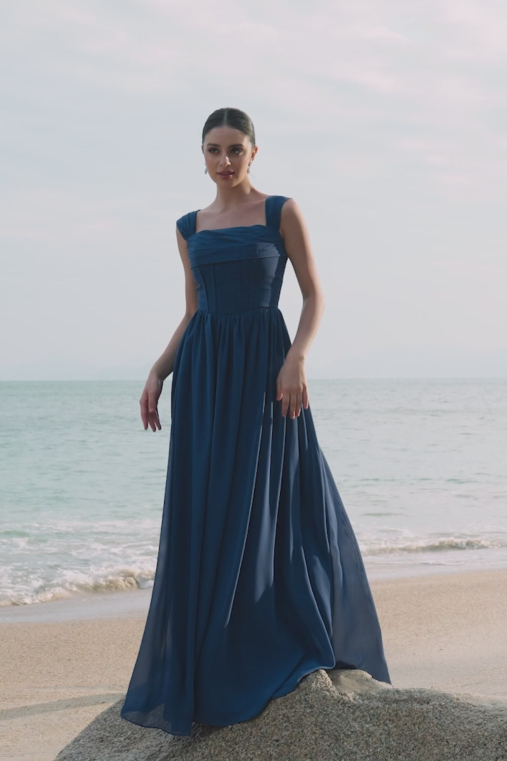 A-Line Square Neck Corset Dark Blue Long Bridesmaid Dress with Lace Up Back