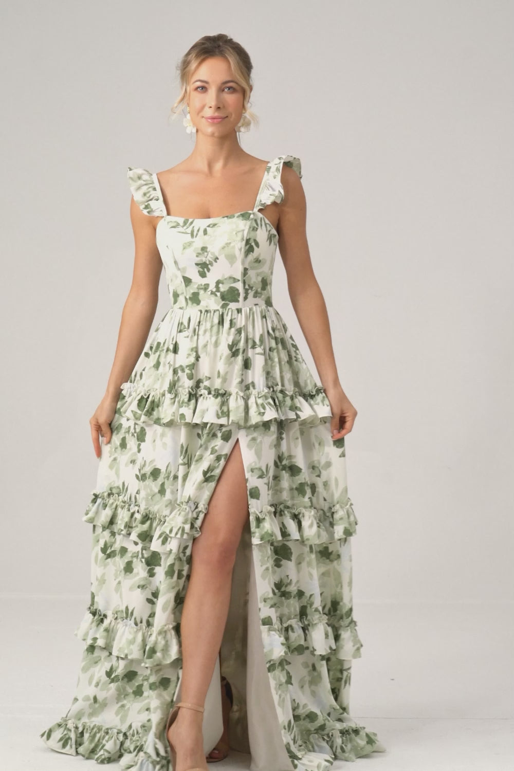 Green Floral Ruffles Tiered Prom Dress with Slit