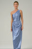 Blue One Shoulder Satin Keyhole Long Bridsmaid Dress