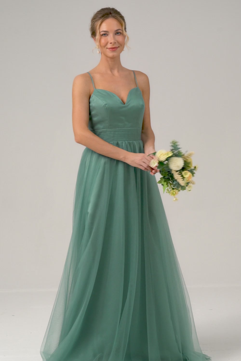 Eucalyptus Spaghetti Straps Tulle A-Line Long Bridesmaid Dress