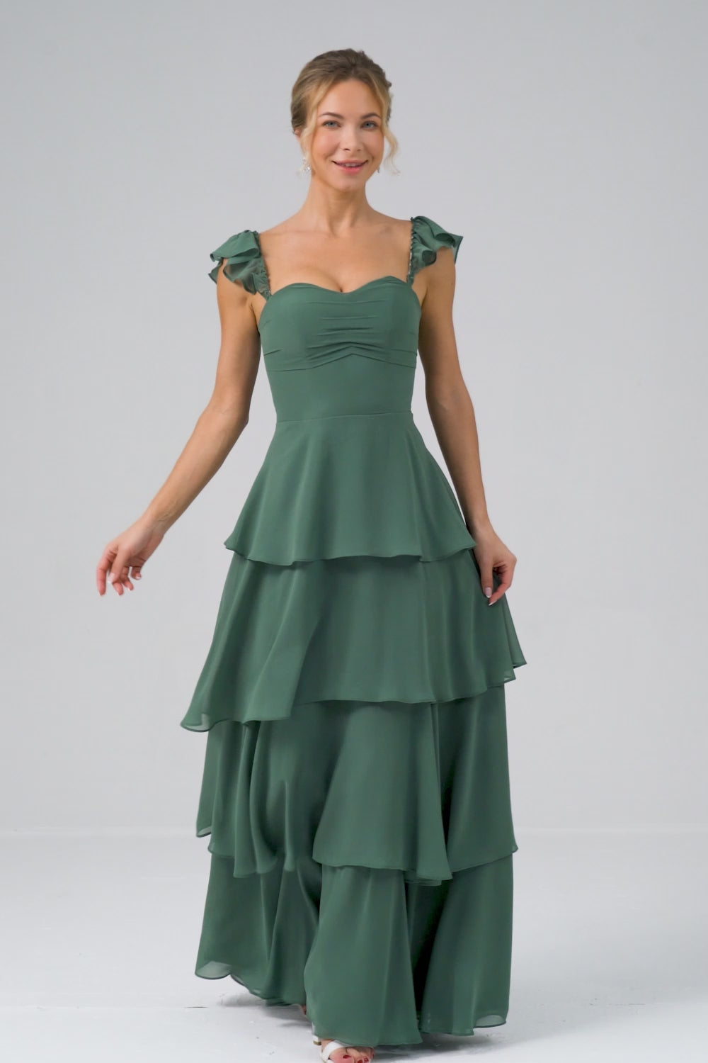 Off The Shoulder Eucalyptus Ruffled Long Bridesmaid Dress