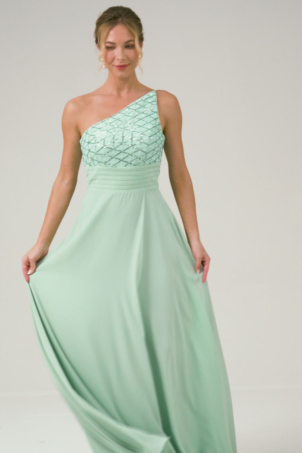 Sparkly Green One Shoulder Chiffon Long Bridesmaid Dress