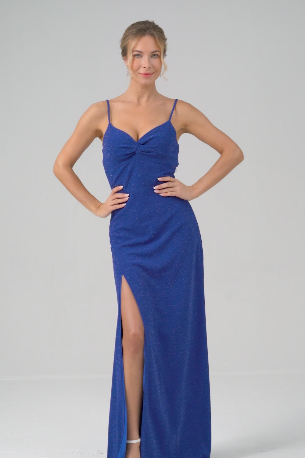 Sparkly Dark Blue Mermaid Twist Front Bridesmaid Dress with Slit