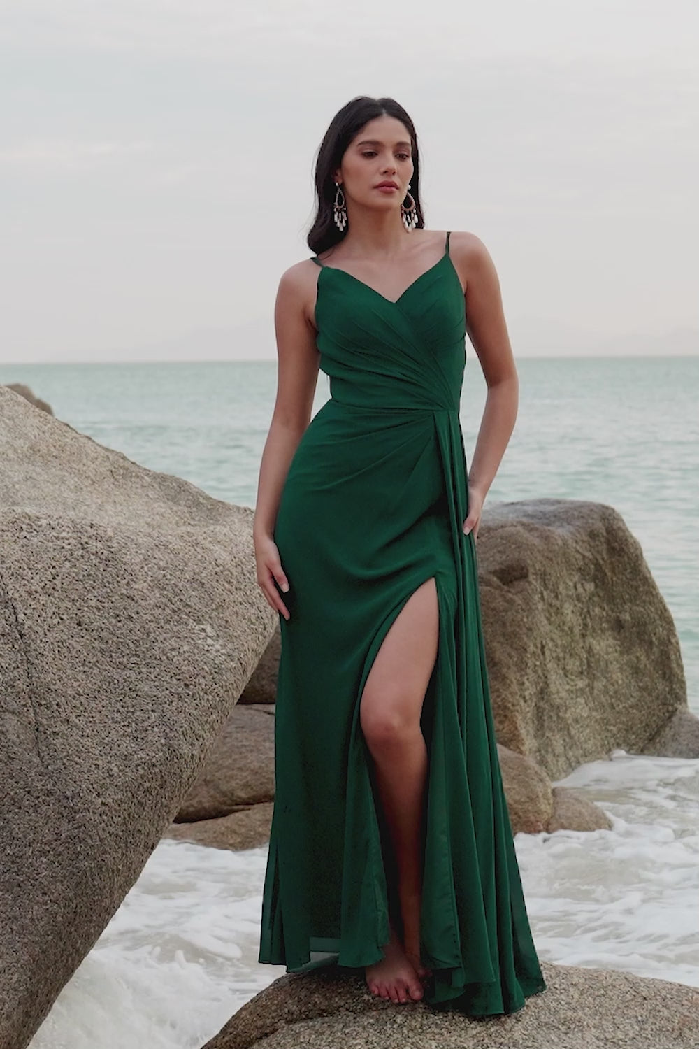 Dark Green A Line Spaghetti Straps Ruched Long Bridesmaid Dress with Slit