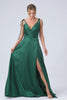 Dark Green A-Line Spaghetti Straps Ruched Long Bridesmaid Dress with Slit