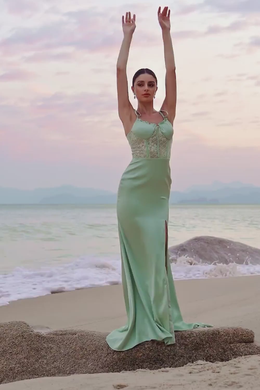 Green Sheath Corset Lace Long Bridesmaid Dress with Slit