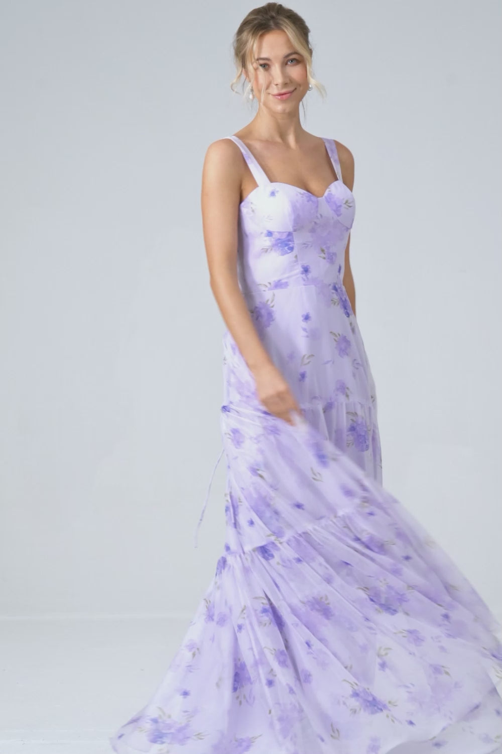 Lilac Corset Floral Print A-Line Long Bridesmaid Dress