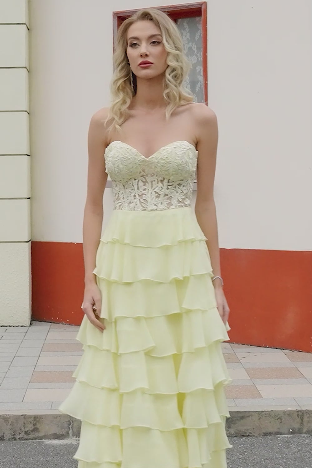 Gorgeous A Line Sweetheart Yellow Corset Prom Dress with Appliques Ruffles