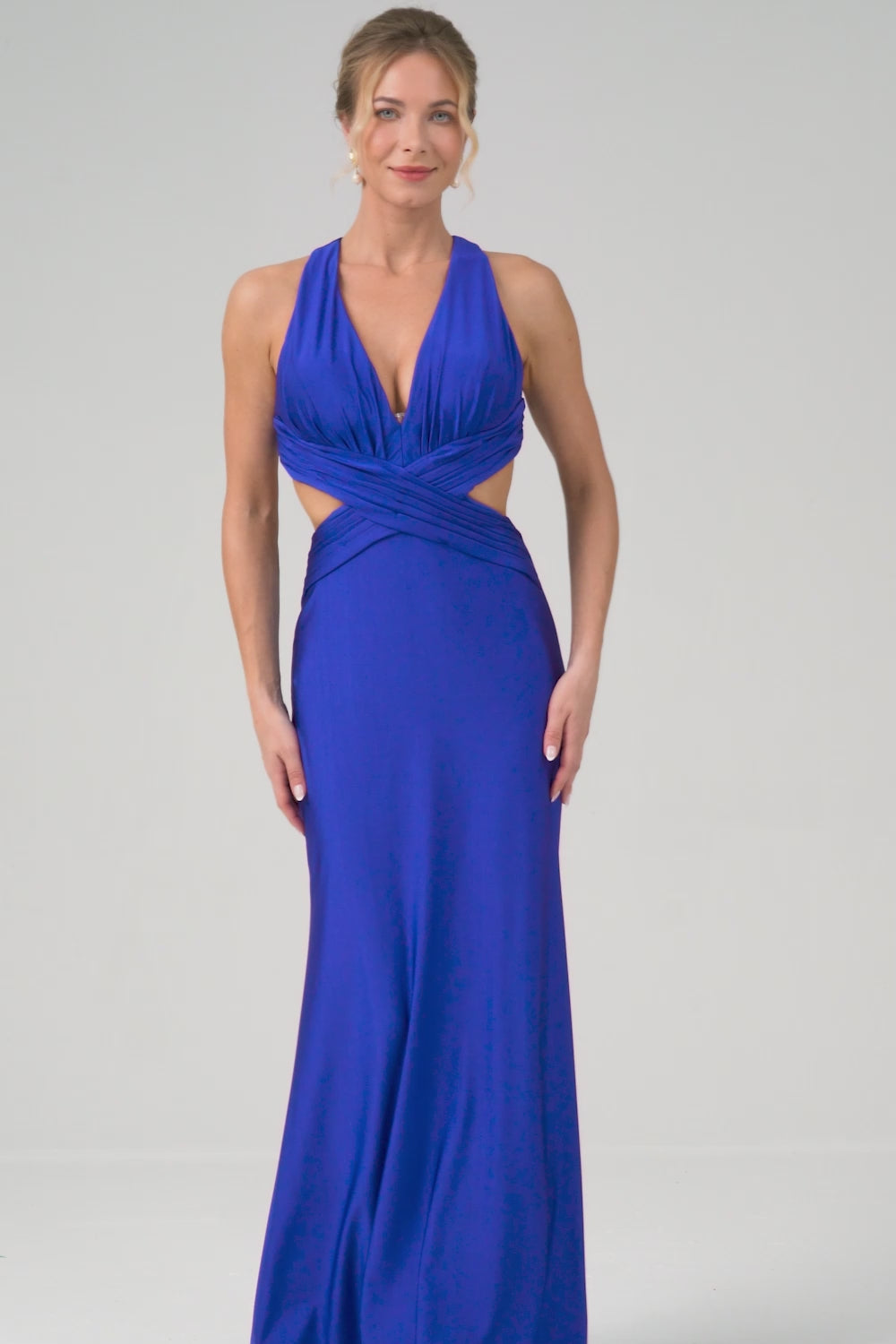 Royal Blue Mermaid V Neck Cut Out Ruched Long Bridesmaid Dress