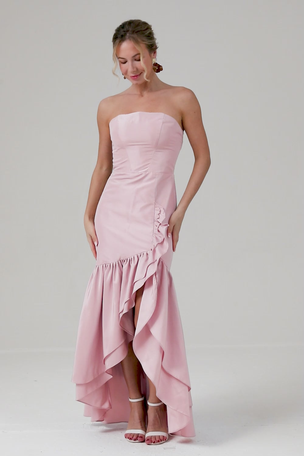 Pink Strapless Asymmetrical Ruffled Bridesmaid Dress