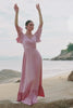 Pink A-Line Ruffle Wrap Short Sleeves Long Satin Bridesmaid Dress