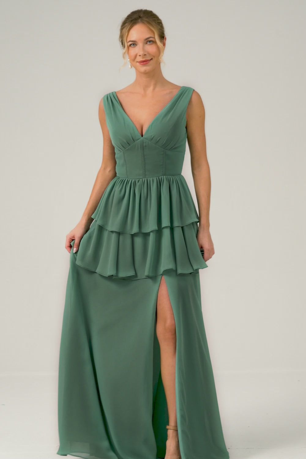 Eucalyptus A Line V Neck Tiered Long Bridesmaid Dress with Slit