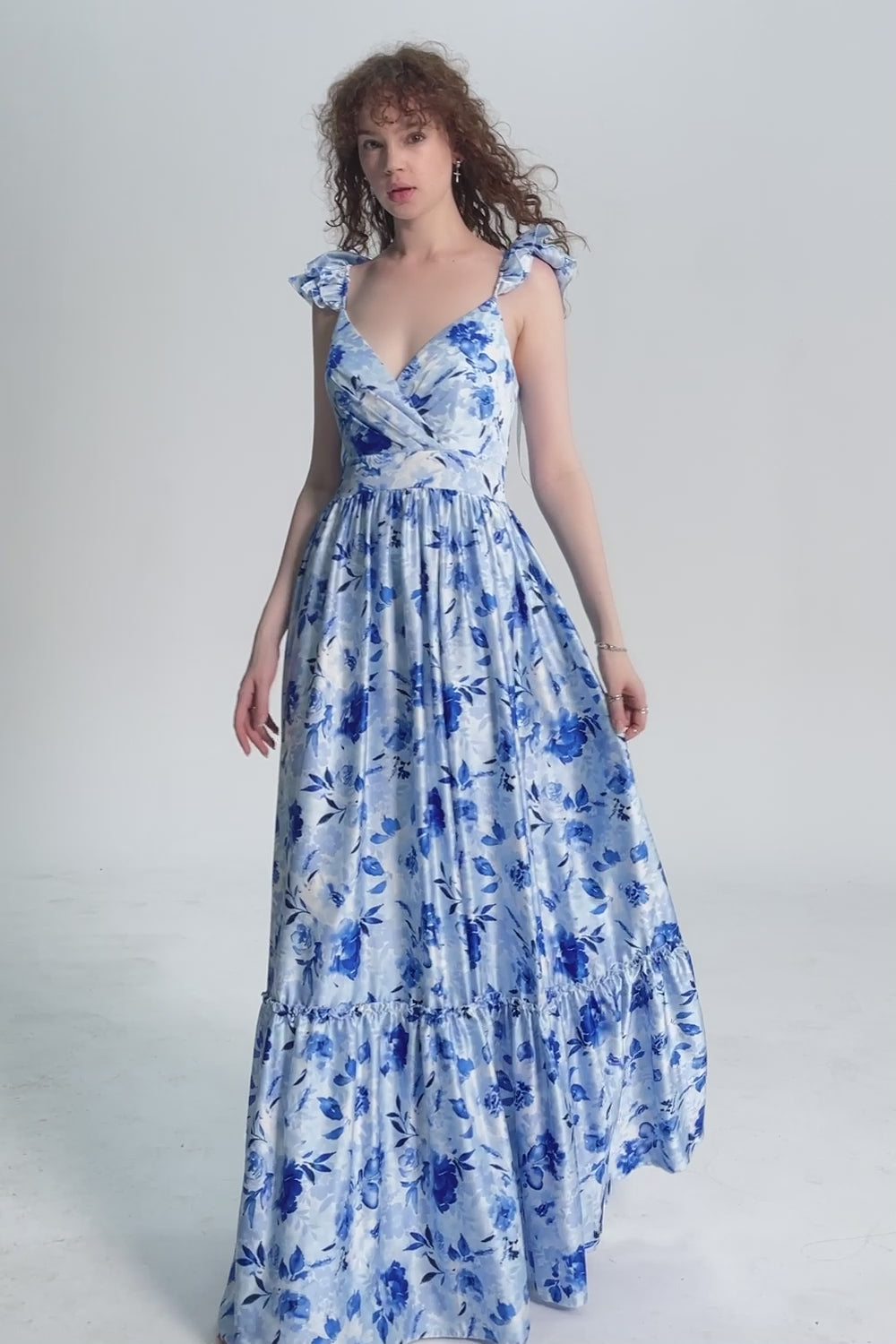 Blue Off The Shoulder Floral A Line Bridesmaid Dress