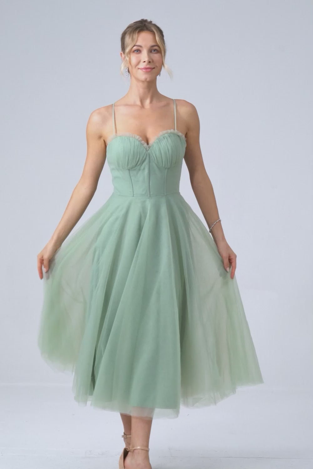 A-Line Tea-Length Corset Tulle Matcha Bridesmaid Dress