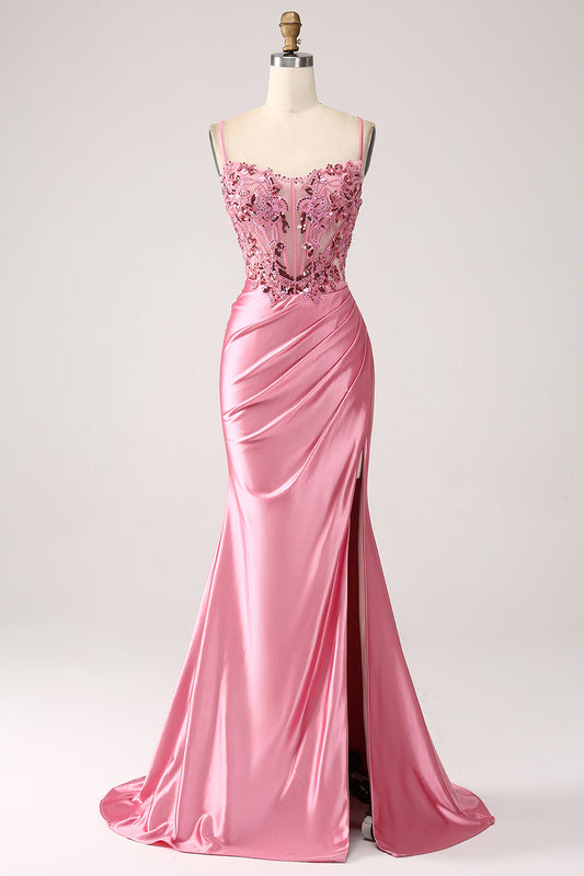 Pink Mermaid Spaghetti Straps Sequin Corset Prom Dress with Slit