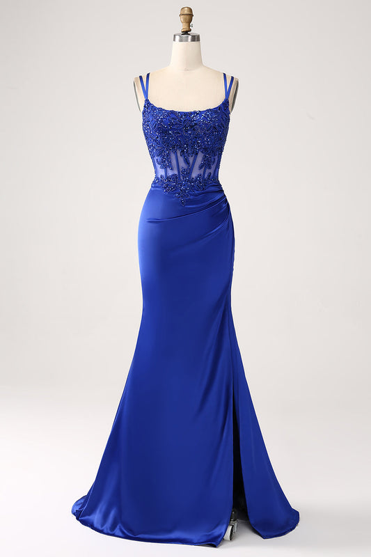 Royal Blue Mermaid Corset Beaded Long Prom Dress with Slit