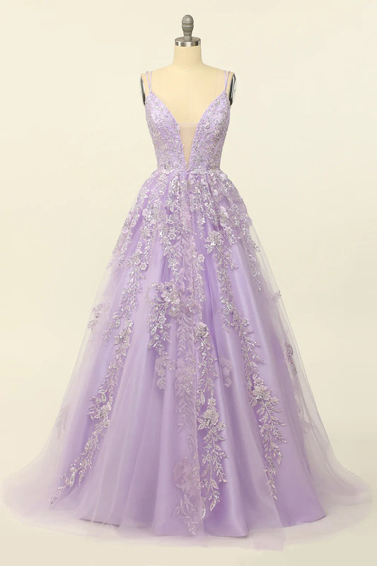 Purple Spaghetti Straps Prom Dress With Appliques