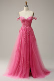 A Line Spaghetti Straps Hot Pink Prom Dress with Appliques