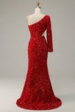 Mermaid One Shoulder Red Sequins Cut Out Prom Dress with Split Front