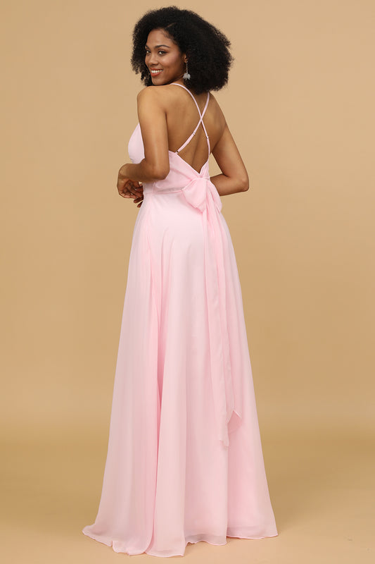 Spaghetti Straps Pink Chiffon Bridesmaid Dress with Pocket