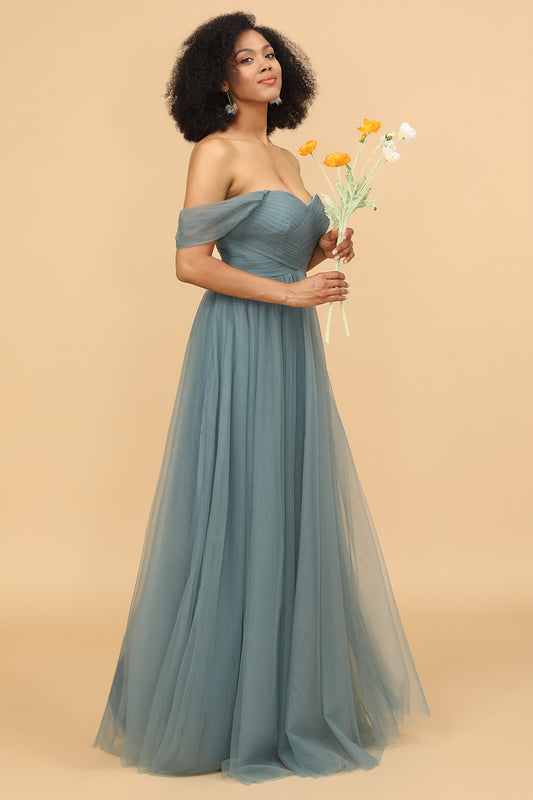 Off The Shoulder Grey Blue Long Bridesmaid Dress