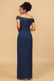 Off-the-Shoulder Navy Asymmetrical Satin Bridesmaid Dress