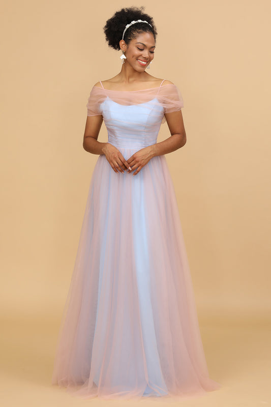 Pink Blue Spaghetti Straps Tulle Bridesmaid Dress