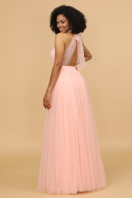 Blush Halter Tulle Long Bridesmaid Dress