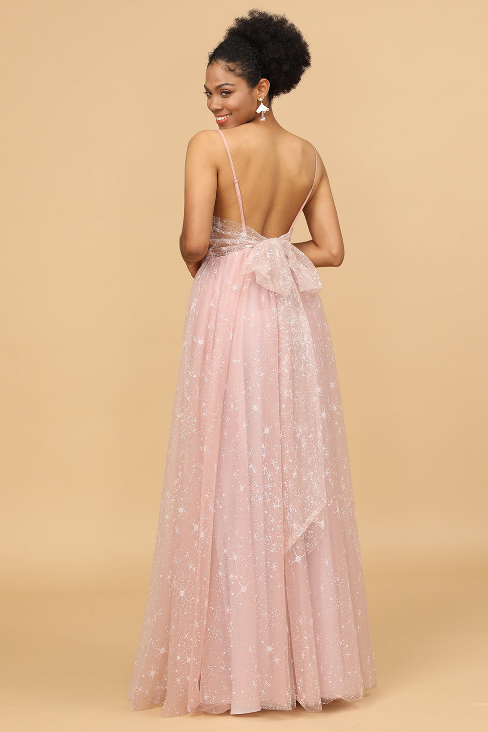 Blush Spaghetti Straps Tulle Long Bridesmaid Dress