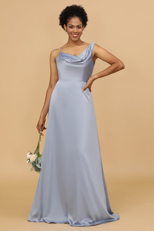 Grey Blue Cowl Neck Floor-Length Satin Bridesmaid Dress