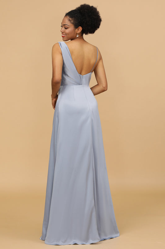 Grey Blue Cowl Neck Floor-Length Satin Bridesmaid Dress