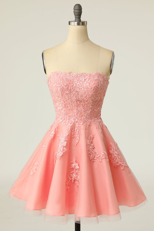 Blush Strapless Short Homecoming Dress with Appliques