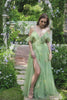 A-Line V-Neck Spaghetti Straps Embroidery Green Long Prom Dress with Slit