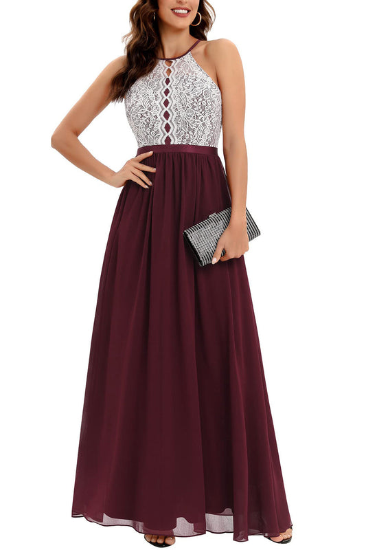 Burgundy A Line Halter Long Bridesmaid Dress with Lace