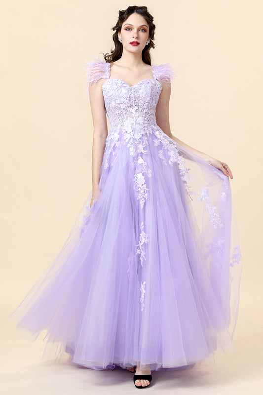 Spaghetti Straps Purple Appliques Prom Dress