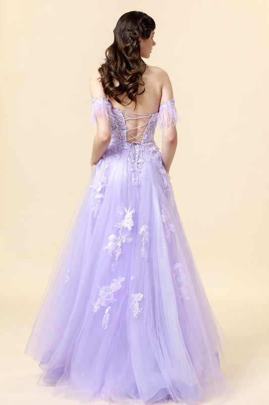 Spaghetti Straps Purple Appliques Prom Dress