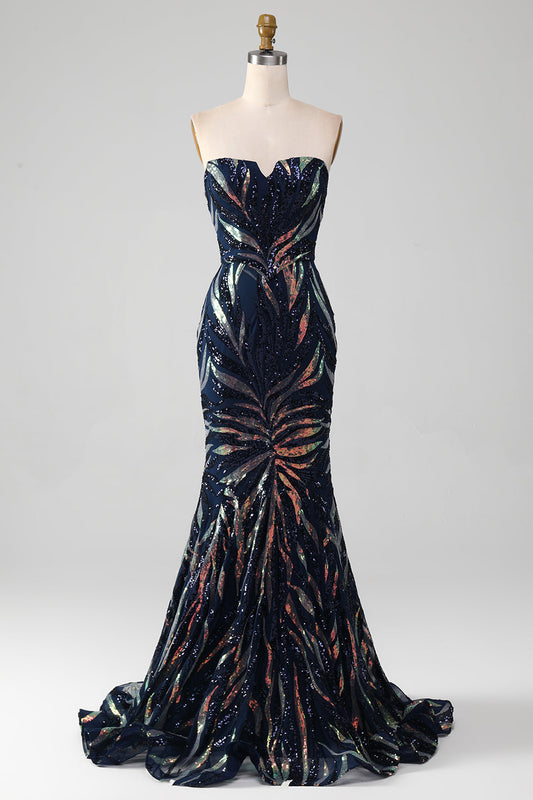 Sparkly Navy Mermaid Sequins Long Prom Dress