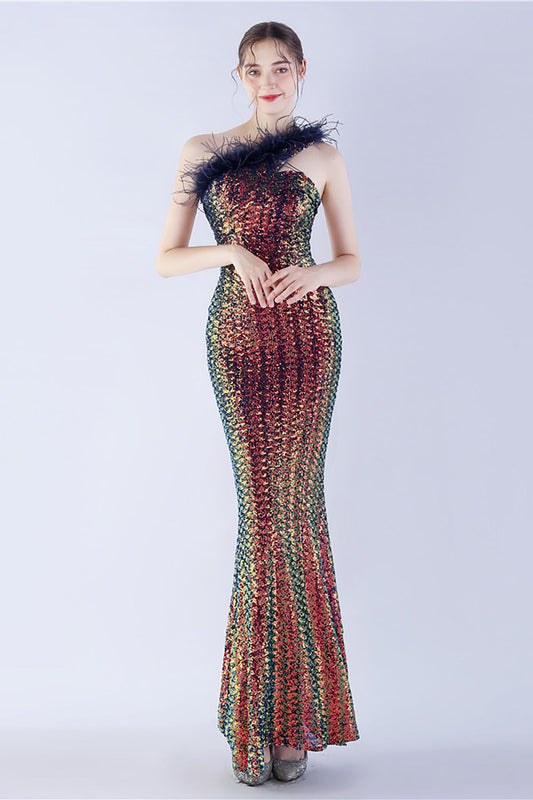 Metal One Shoulder Mermaid Sequin Formal Dress With Feather